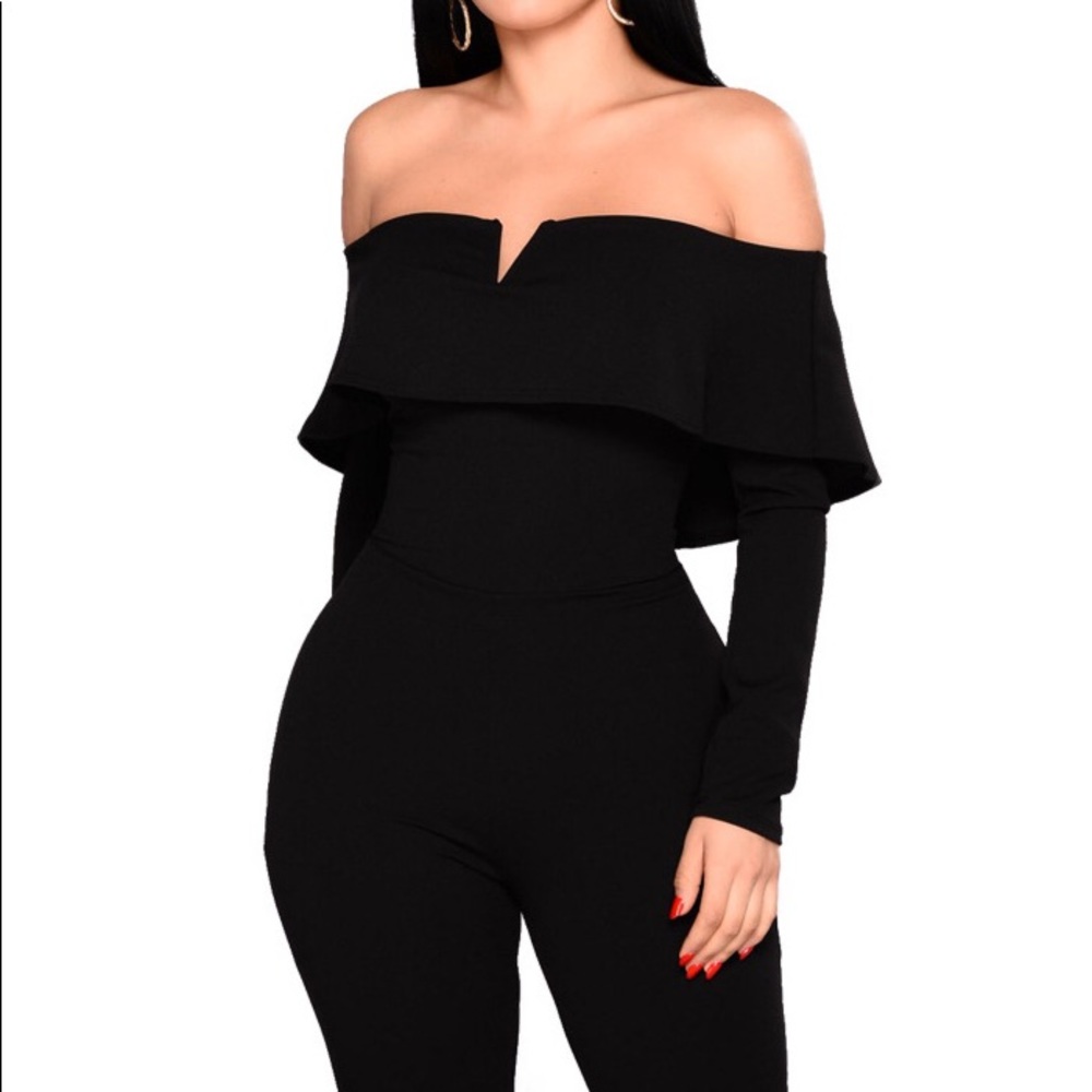 Ruffle Off Shoulder Black Jumpsuit - Picture 2 of 7